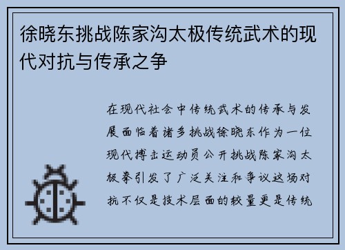 徐晓东挑战陈家沟太极传统武术的现代对抗与传承之争